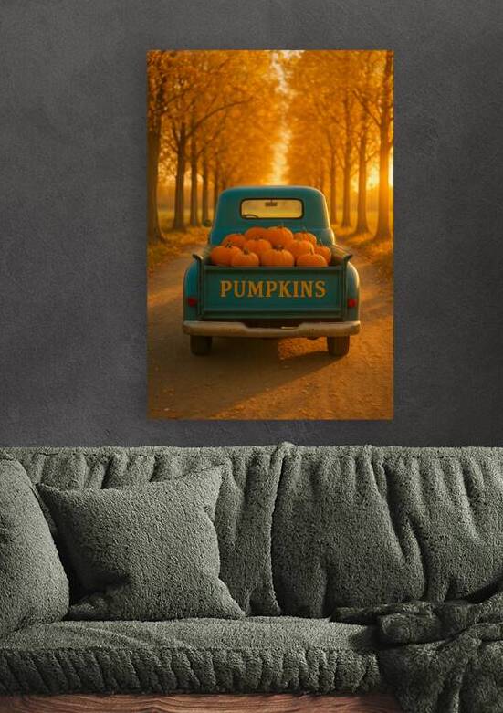 Vintage Teal Truck Loaded with Pumpkins | Golden Fall Sunset by SEAFOAM12