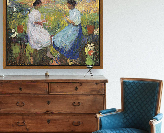 Two Women Sitting Face to Face on the Stoned Balustrade by Henri Martin