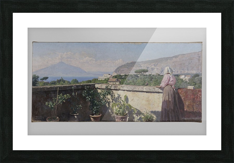 Femme sur la terrasse de l hotel Cocumella Vue sur le Vesuve Picture Frame print