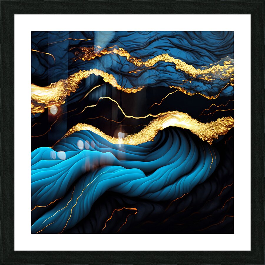 Blue Black & Gold Waves & Clouds Picture Frame print