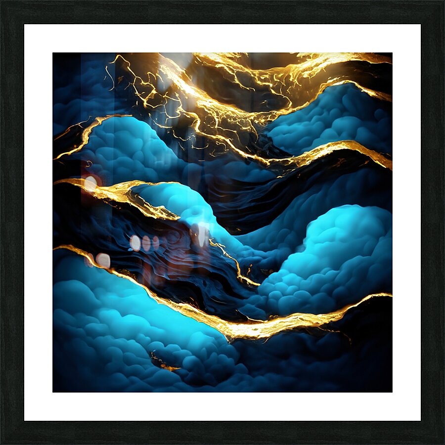 Blue Black & Gold Waves & Clouds Picture Frame print