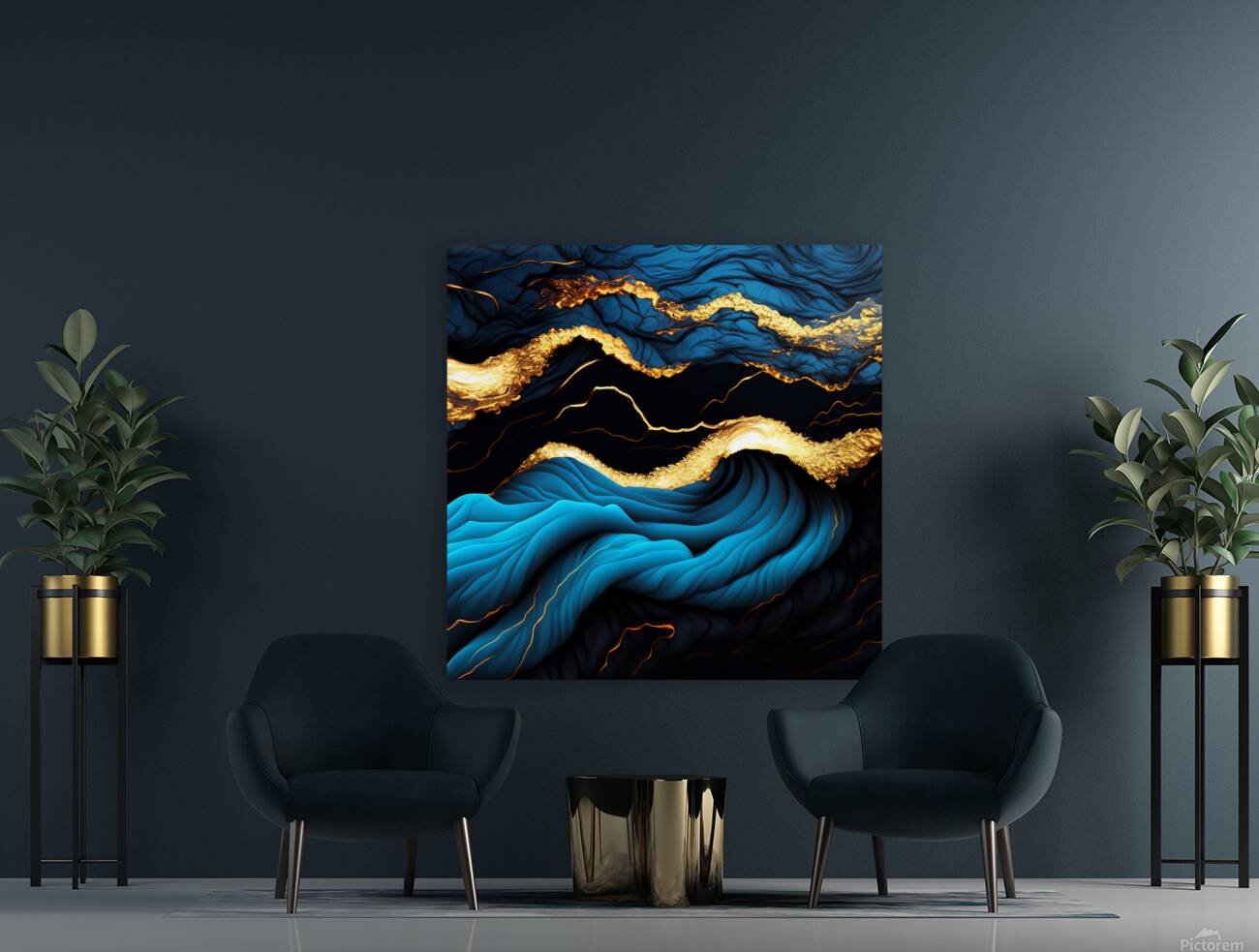Blue Black & Gold Waves & Clouds Reproduction