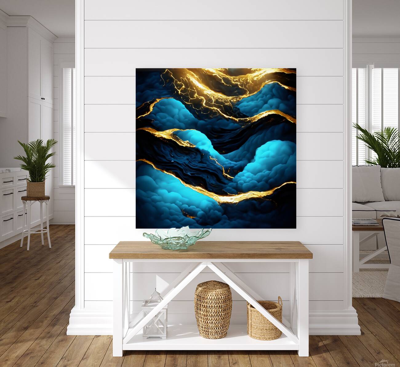 Blue Black & Gold Waves & Clouds Reproduction