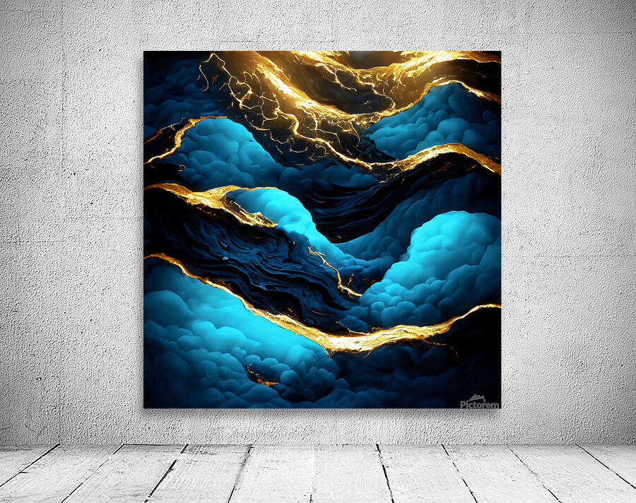 Blue Black & Gold Waves & Clouds Wall Preview