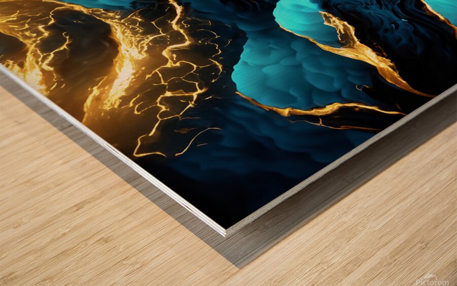 Blue Black & Gold Waves & Clouds Wood print