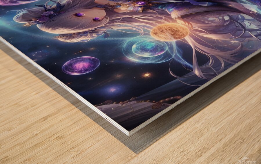 Celestial Sorceress Controlling Cosmic Orbs  Wood print