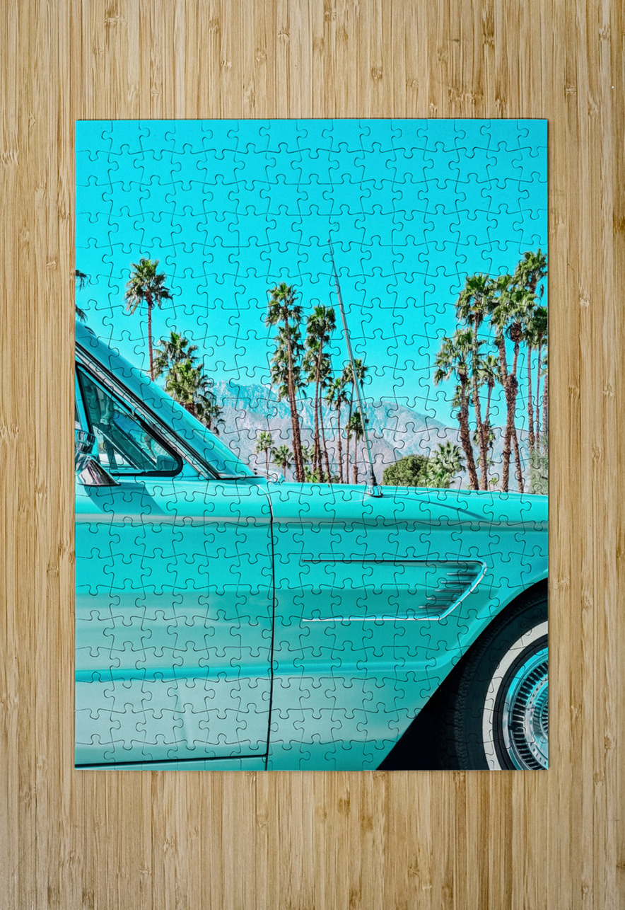 Vintage 60s Teal Thunderbird Car with Palm Trees in Palm Springs