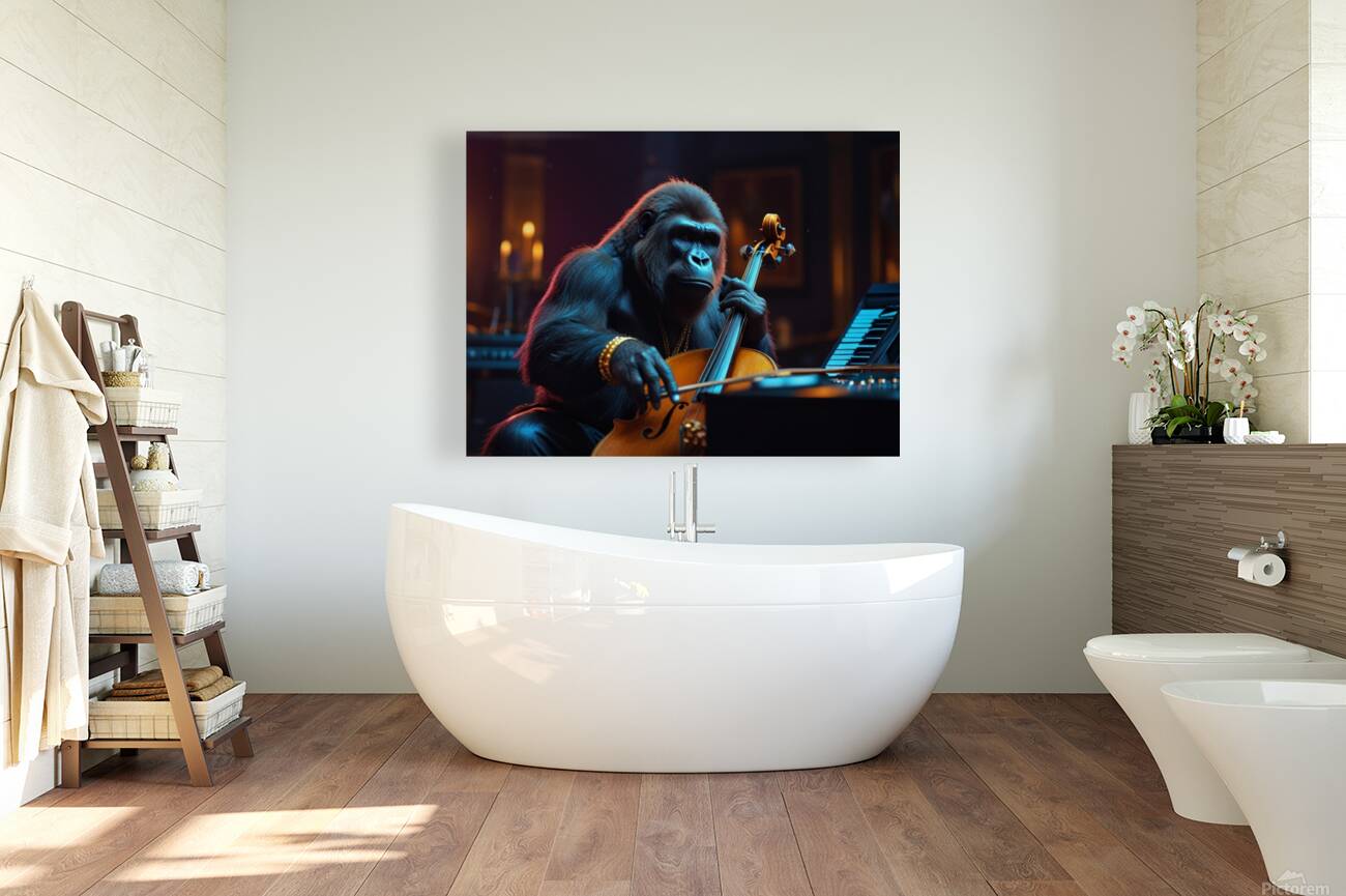 Cello playing gorilla with gold Reproduction