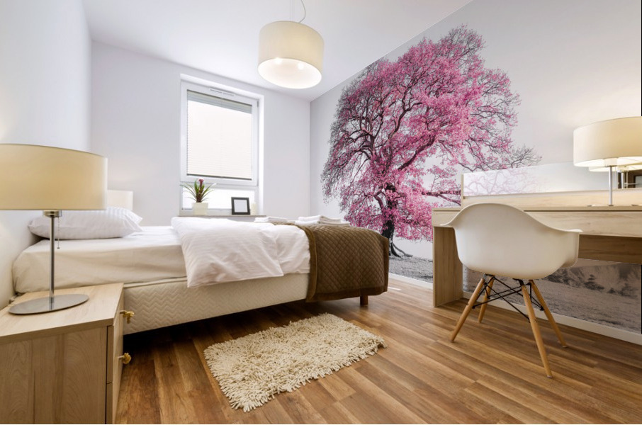 Tree on a hill, pink Mural print
