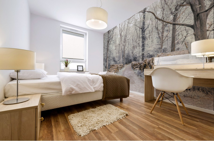 Stacked Logs in Forest Mural print