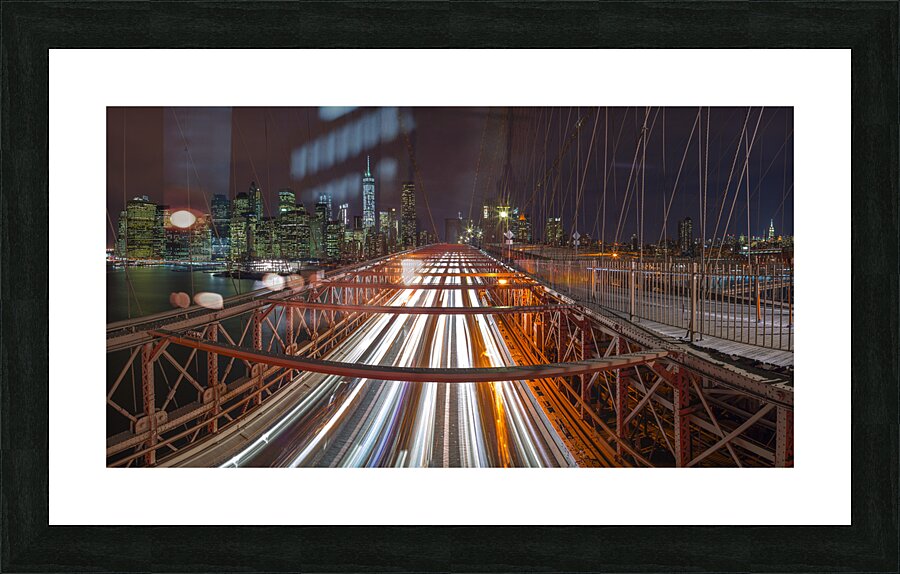 Brooklyn bridge with strip lights Picture Frame print