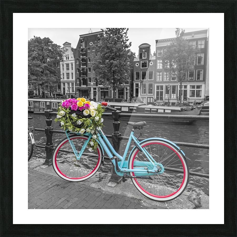 Bicycle with bunch of roses on bridge, Amsterdam Picture Frame print