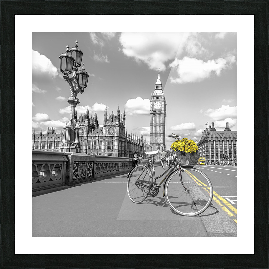 Bicycle with bunch of flowers on Westminster Bridge, London, UK Picture Frame print