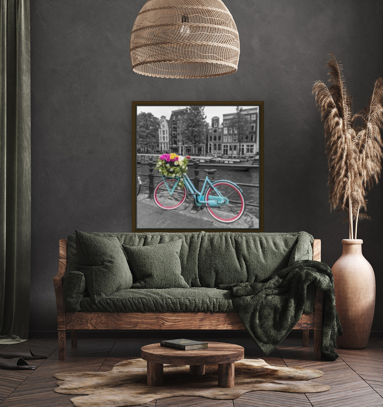 Bicycle with bunch of roses on bridge Amsterdam Reproduction