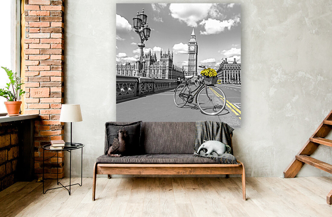 Bicycle with bunch of flowers on Westminster Bridge London UK Reproduction