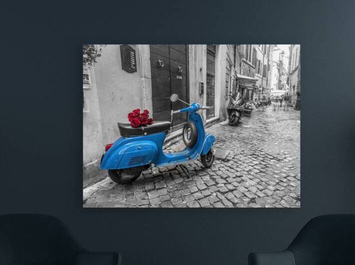 Old scooter with bunch of roses on narrow street of Rome by Assaf Frank