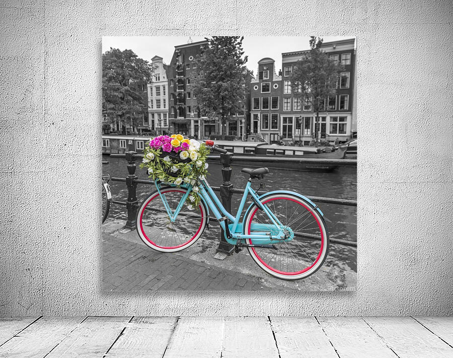 Bicycle with bunch of roses on bridge, Amsterdam Wall Preview