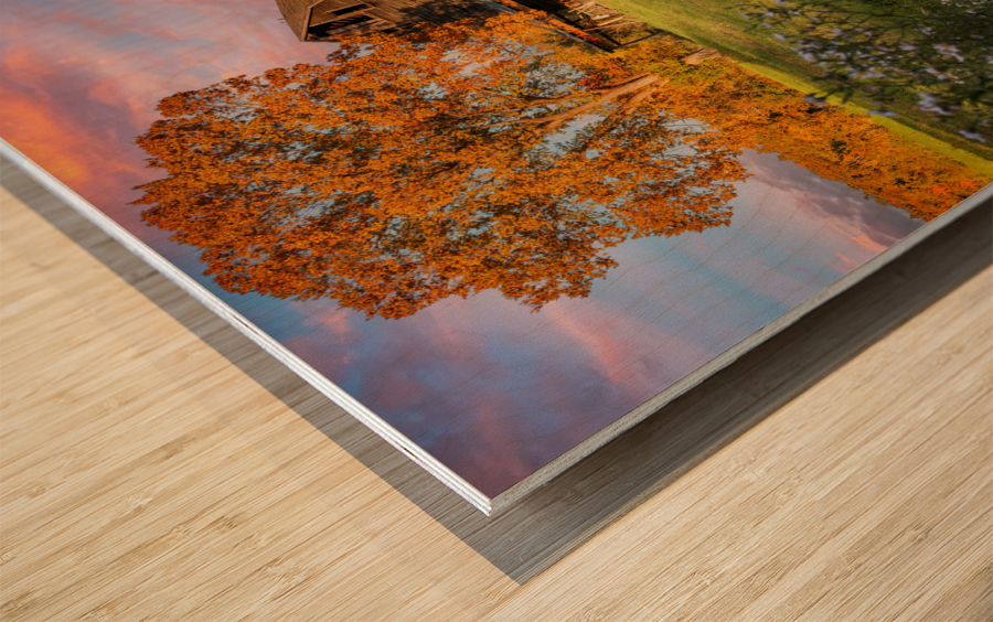 Autumn Sunset by the Barn Wood print