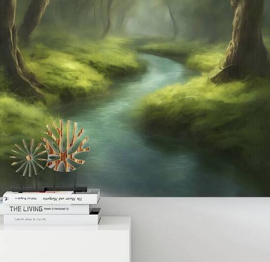 A serene forest landscape with a gentle stream by Mh store