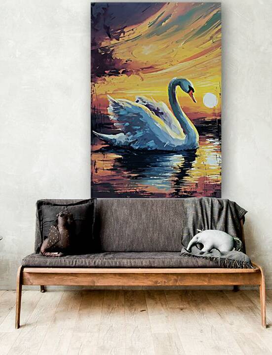  Swan in the foreground and a breathtaking sunset in the background. by print88