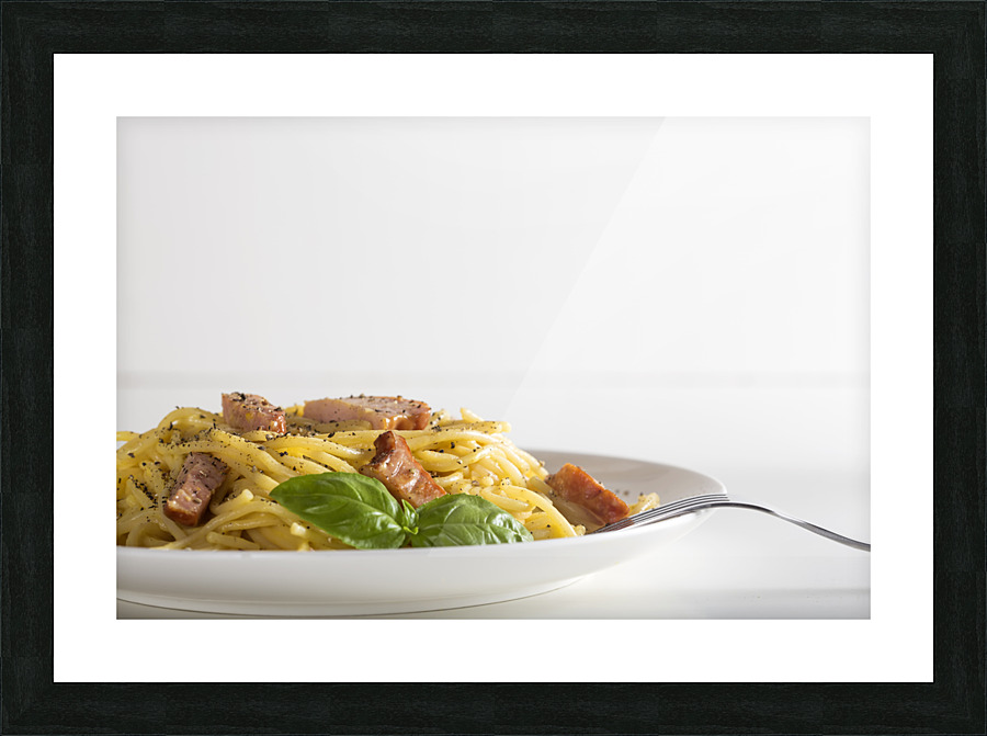 Spaghetti carbonara on white plate Picture Frame print