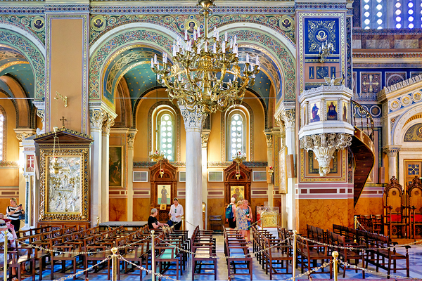 Visitors inside Mitropolis Cathedral in Athens Greece during the Digital Download