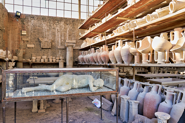 Pompeii site showing artifacts and a plaster cast of a victim Digital Download
