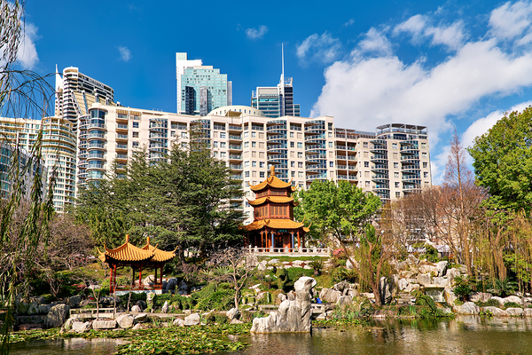 Chinese garden with pagodas and modern buildings Digital Download