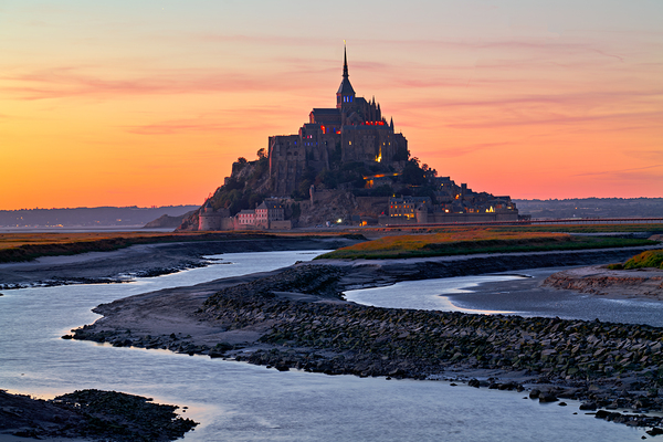 Mont Saint Michel in Normandy at dusk with river and landscape Digital Download