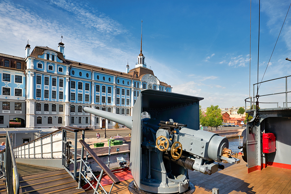 Cruiser Aurora in St. Petersburg with city background Digital Download
