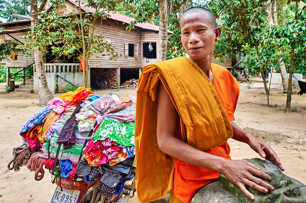 Monk with colorful textiles on a motorcycle. Digital Download
