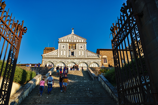 Visitors walk up the stairs to Basilica di San Miniato in Floren Digital Download