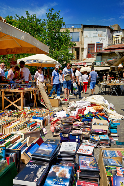 People walk around the bustling flea market at Monastiraki Digital Download