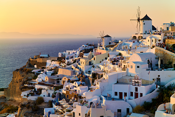 Santorini village at sunset with windmills overlooking the Aegea Digital Download