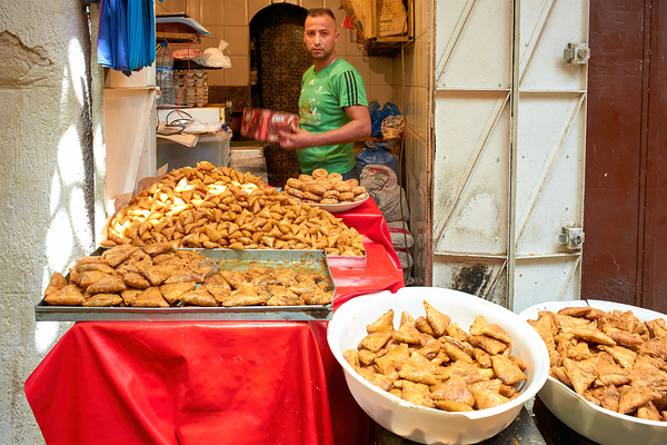 Fried sweets stall in the old town of Fez Morocco selling treat Digital Download