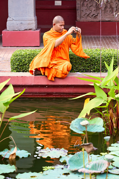 Monk in orange robes takes photo by a lotus pond. Digital Download