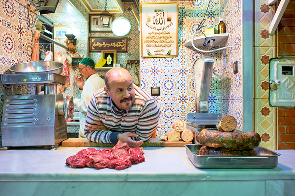 Meknes butcher in the souk selling fresh meat and sausages Digital Download