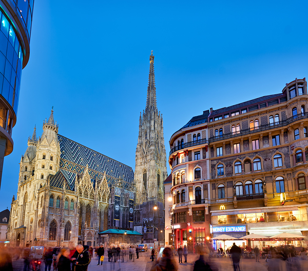 St. Stephens Cathedral at dusk in bustling Vienna. Digital Download