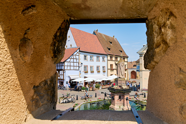 Visitors enjoy Saint Leon square in Eguisheim Alsace on wine rou Digital Download