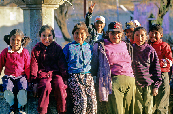 Smiling children and youth gather by a fountain. Digital Download