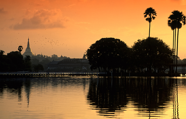 Sunset over the water in Yangon with palm trees and buildings Digital Download