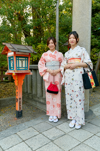 Young women in traditional kimono at Yasaka Shrine in Kyoto Digital Download