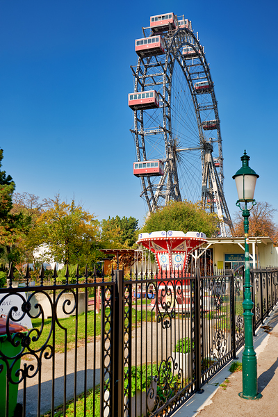 Prater Ferris wheel and carousel under a clear blue sky. Digital Download