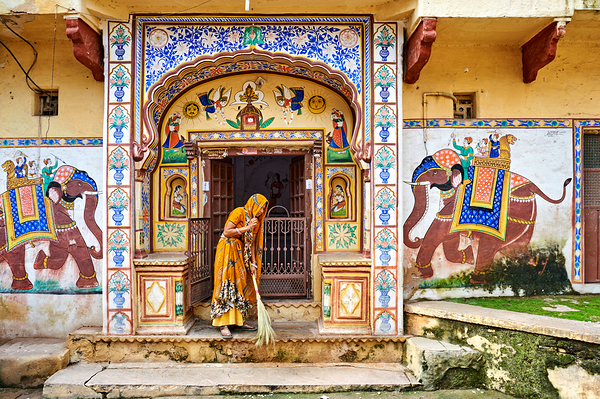 Bundi Rajasthan house with painted walls and a woman sweeping Digital Download