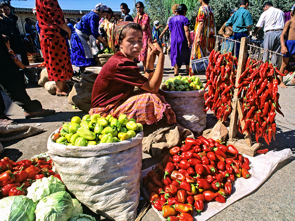 Market scene in Khiva with local produce and vendors Digital Download