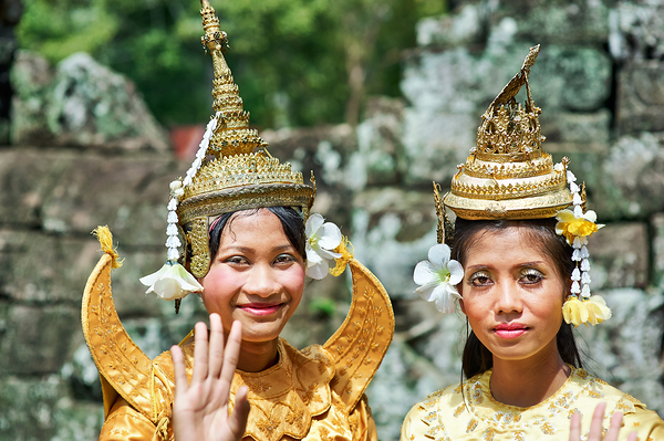 Cambodian dancers in golden attire and elaborate headwear. Digital Download