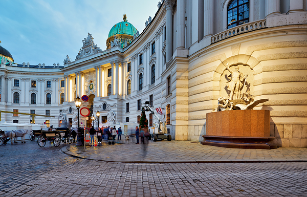 Illuminated Hofburg Palace Vienna with people and horse carria Digital Download