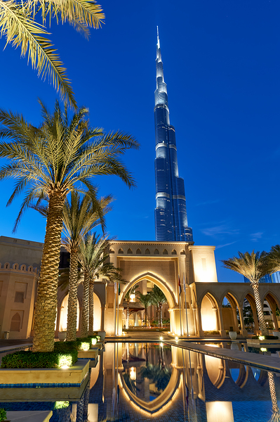 Burj Khalifa stands tall at night with light reflections in Duba Digital Download
