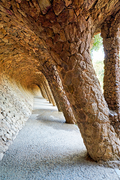 Walking through the colonnaded pathway in Park Guell Barcelona Digital Download