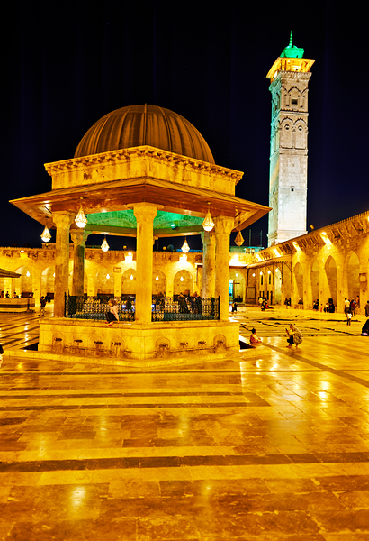 Aleppo mosque at night with lights and visitors in the courtyard Digital Download